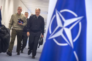 U.S. Marine Corps Gen. Joe Dunford, chairman of the Joint Chiefs of Staff, walks with Vice Adm. John N. Christenson, U.S. Military Representative, NATO Military Committee, at NATO headquarters in Brussels, May 15th, 2018. (Photo: DOD, Navy Petty Officer 1st Class Dominique A. Pineiro)