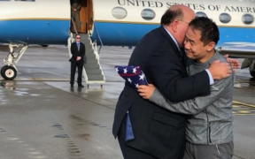 Xiyue Wang being greeted by American officials after being released by Iran in a prisoner swap on Saturday. (Photo: YouTube)