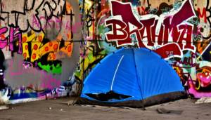 homeless person in tent. Homeless bans now in some states are banning sleeping in public tents.