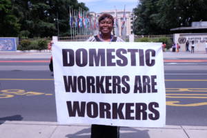 A 2014 International Domestic Workers Federation demonstration in front of the U.N. demanding protection for migrant workers' rights.