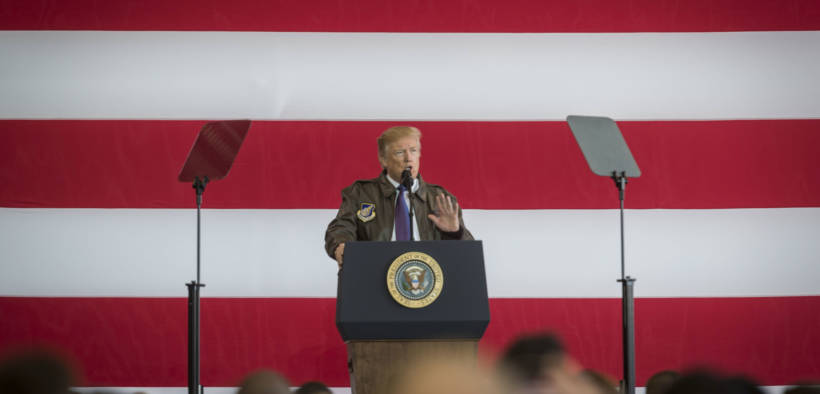 President Donald J. Trump addresses service members during a Troop Talk, Nov. 5, 2017, at Yokota Air Base, Japan. During his talk, Trump highlighted the importance of the U.S. – Japan alliance in the Indo-Asia Pacific region. U.S. Air Force photo by Airman 1st Class Juan Torres)