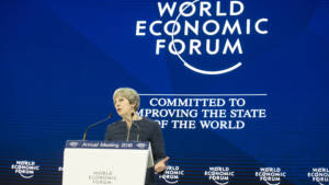 Former UK Prime Minister Theresa May addresses the World Economic Forum at Davos 2018. (Photo: Number 10, Flickr)