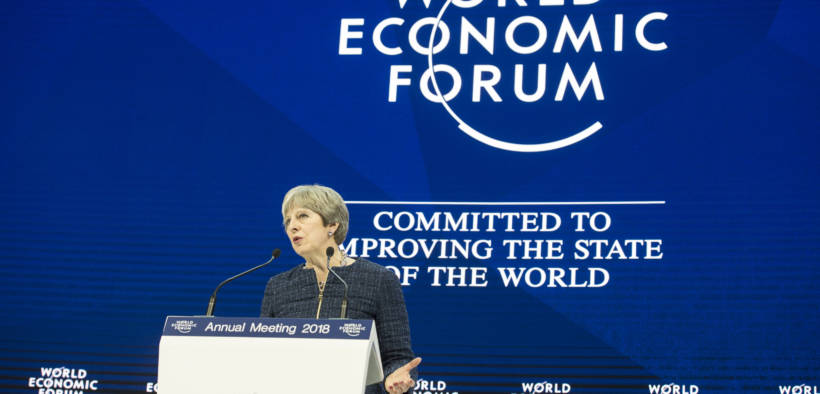Former UK Prime Minister Theresa May addresses the World Economic Forum at Davos 2018. (Photo: Number 10, Flickr)