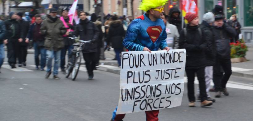 French protester on December 5, 2019 protesting against French President Emmanuel Macron's planned pension reform.
