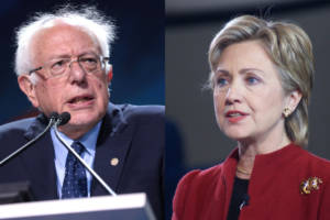 Bernie Sanders at the 2019 CA Democratic Convention (Photo: Gage Skidmore). Hillary Clinton at the Winnacunnet High School, Hampton NH in 2007. (Photo: Marc Nozell)