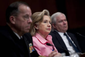 Chairman of the Joint Chiefs of Staff Adm. Mike Mullen, Secretary of State Hillary Clinton and Secretary of Defense Robert M. Gates testify to the Senate Foreign Relations Committee regarding the U.S.-Russia Strategic Arms Reduction Treaty at Dirksen Senate Office Building in Washington, D.C., on May 18, 2010. (Photo: DoD, Petty Officer Chad J. McNeeley, U.S. Navy.)